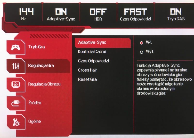 LG UltraGear 27GL850-B - menu regulacji profilu