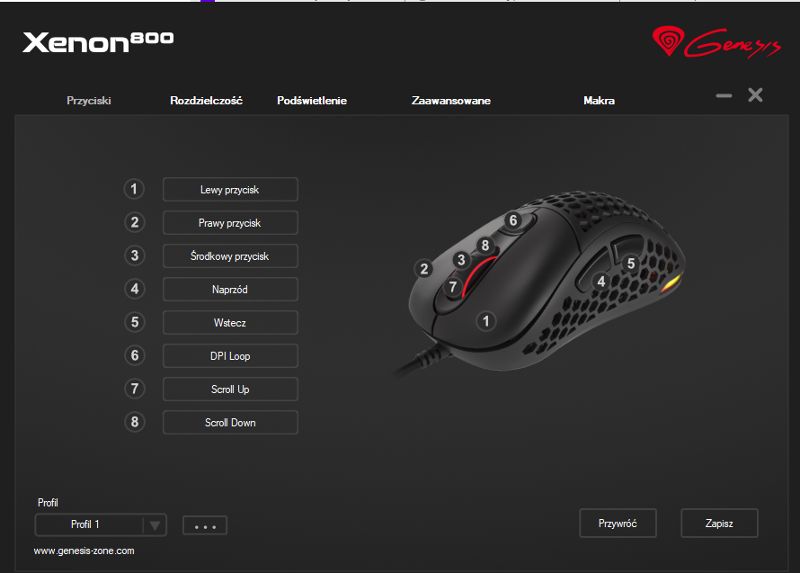 Oprogramowanie Xenon 800 przyciski