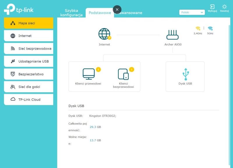 TP-Link Archer AX50 - Konfiguracja przez przeglądarkę - mapa sieci - USB
