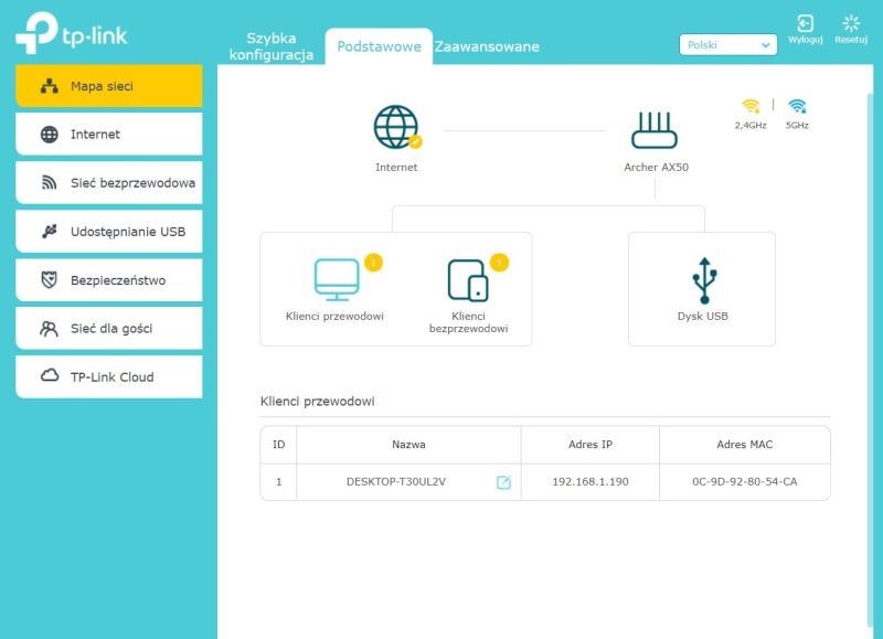 TP-Link Archer AX50 - Konfiguracja przez przeglądarkę - mapa sieci - klienci