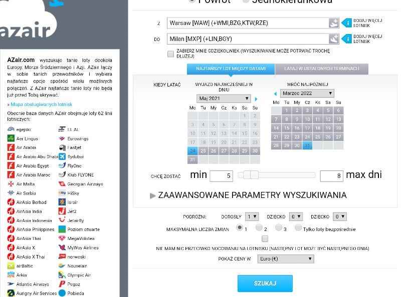 wyszukiwarka tanich lotów Azair