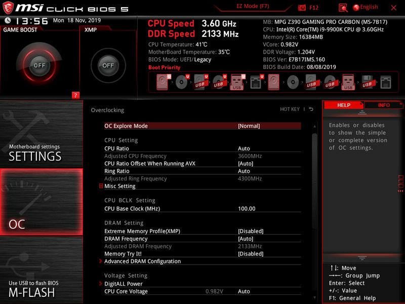MSI MPG Z390 Gaming PRO Carbon - UEFI BIOS menu OC