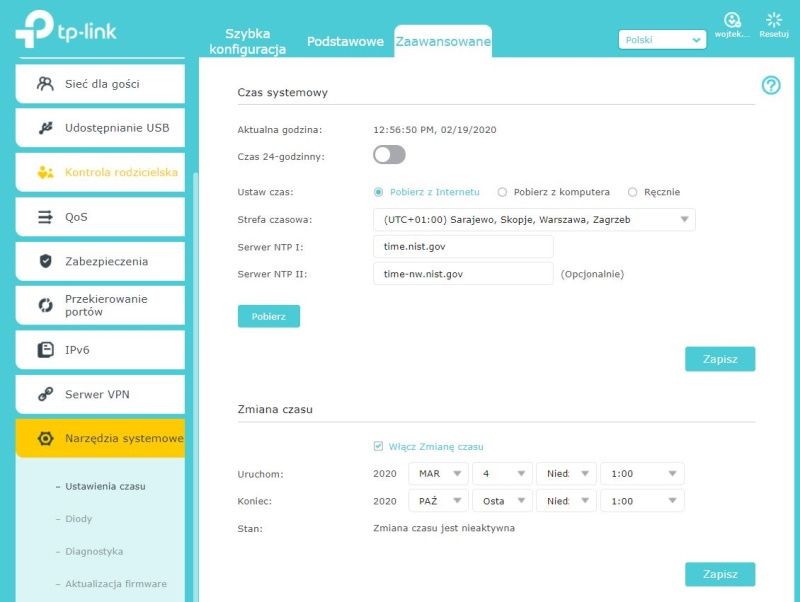 TP-Link Archer AX50 - Ustawienia czasu