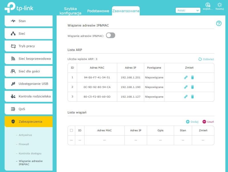 TP-Link Archer AX50 - Wiązanie adresów IP i MAC