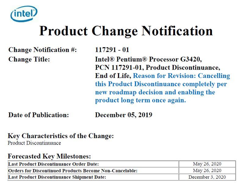 Intel Pentium G3420 - wznowienie produkcji