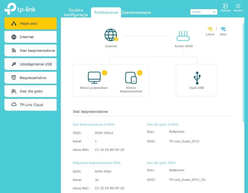 TP-Link Archer AX50 - Konfiguracja przez przeglądarkę - mapa sieci - połączenia