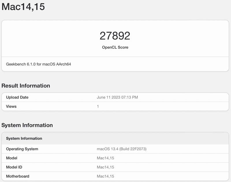 MacBook Air 15 cali test open cl