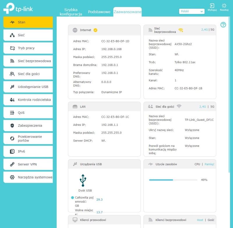 TP-Link Archer AX50 - Konfiguracja przez przeglądarkę - status