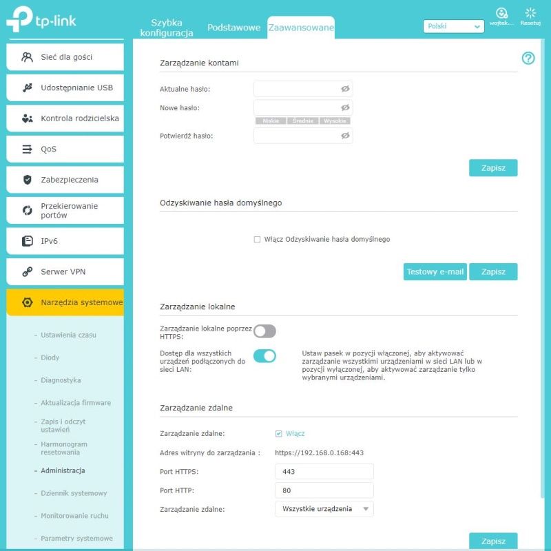 TP-Link Archer AX50 - Ustawienia administracyjne