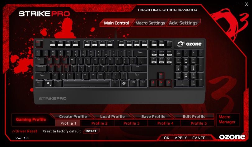 Ozone Strike Pro - główny ekran kontrolny oprogramowania