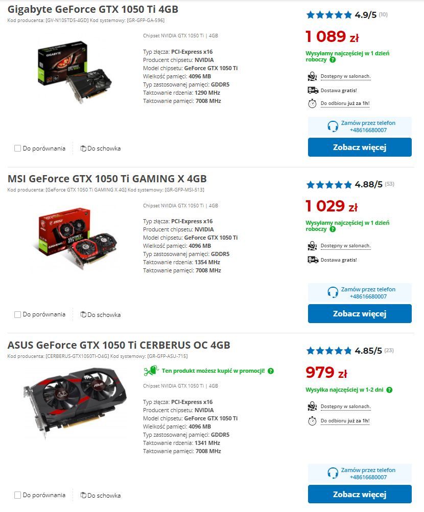 GeForce GTX 1050 Ti - ceny kart graficznych