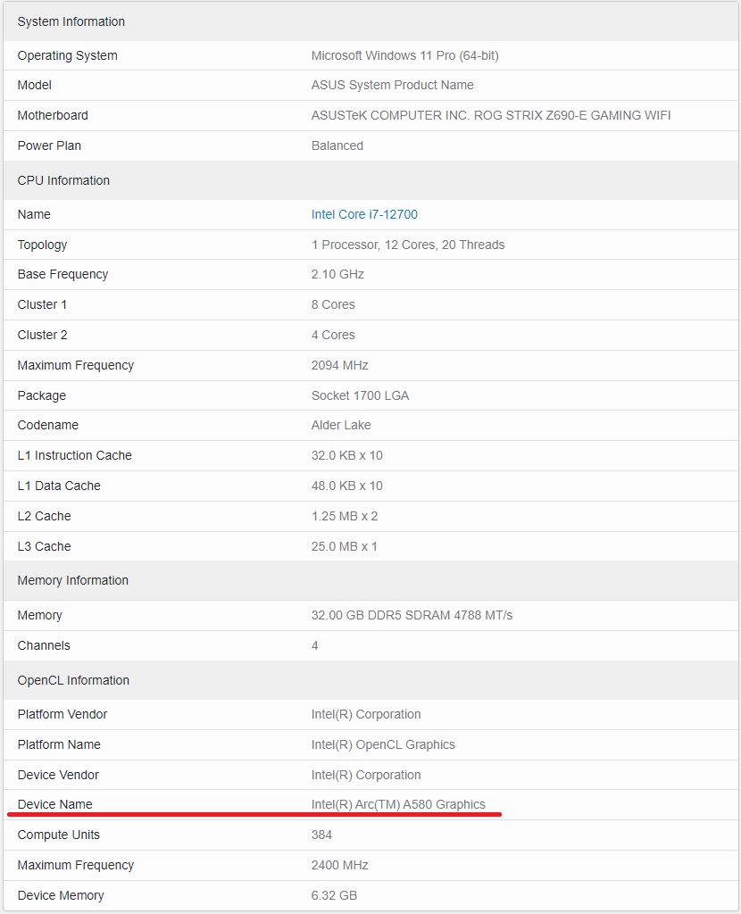 Intel Arc A580 - testy w Geekbench
