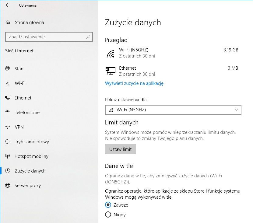 Windows 10 zużycie Wi-Fi