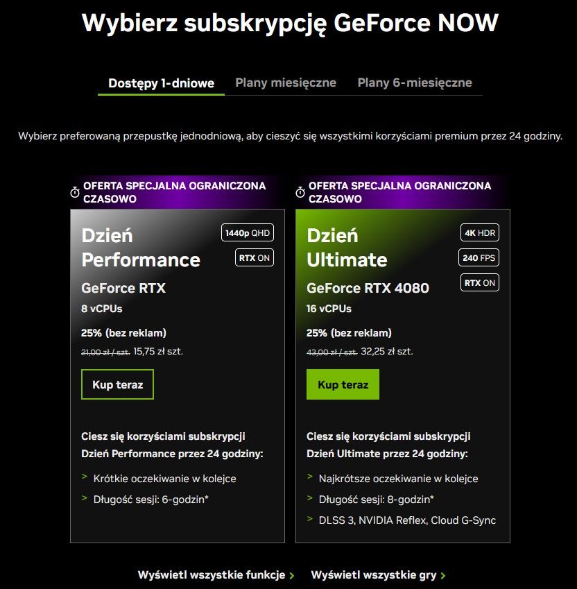 GeForce NOW - abonament na 1 dzień