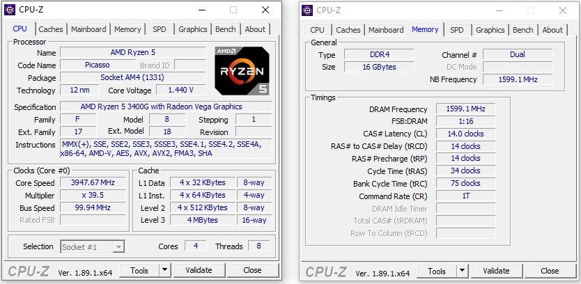AMD Ryzen 5 3400G - odczyty CPU-Z
