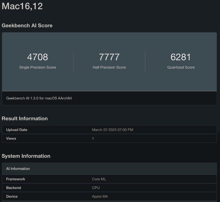 MacBook Air M4 - Geekbench AI cpu