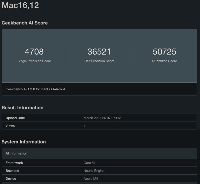 MacBook Air M4 - Geekbench AI neural engine