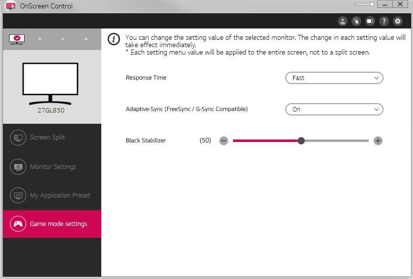 LG UltraGear 27GL850-B - OnScreen Control - ustawienia dodatkowe