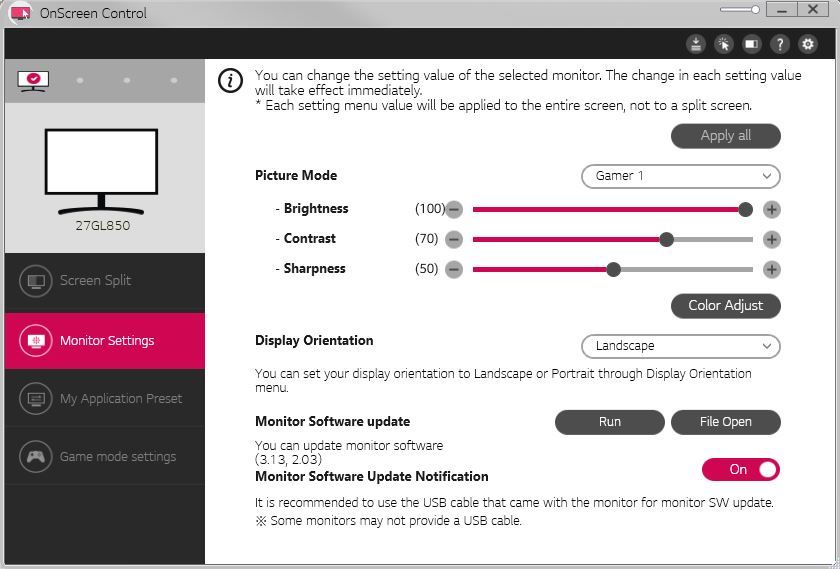LG UltraGear 27GL850-B - OnScreen Control - ustawienia wyświetlania