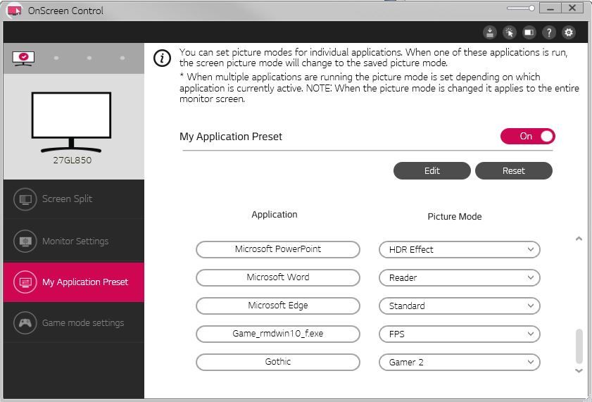 LG UltraGear 27GL850-B - OnScreen Control - profile przypisywane do aplikacji