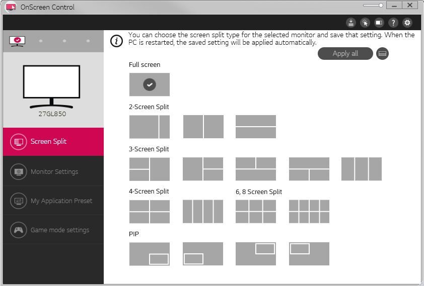 LG UltraGear 27GL850-B - OnScreen Control - ustawienia Split Screen