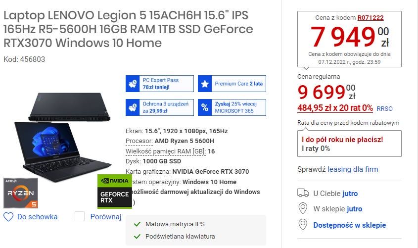 Lenovo Legion 15 z GeForce RTX 3070