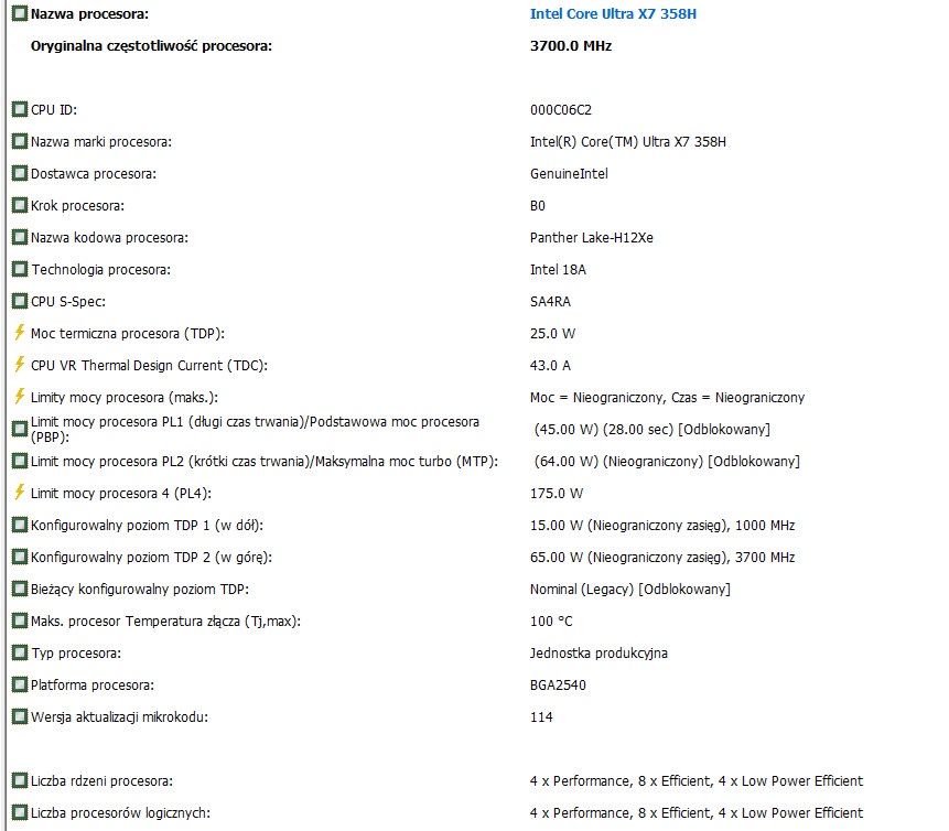 MSI Prestige 14 AI+ - specyfikacja CPU Core Ultra X7 358H