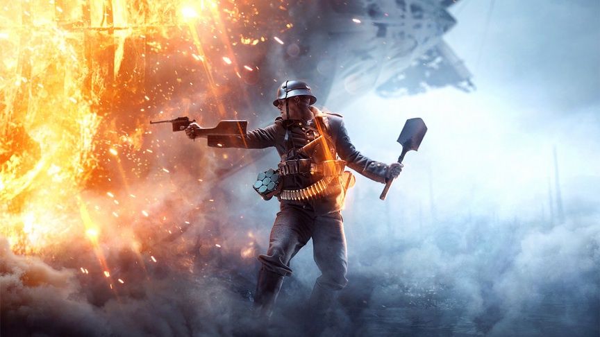 Battlefield 1 - żołnierz na tle płonącego sterowca