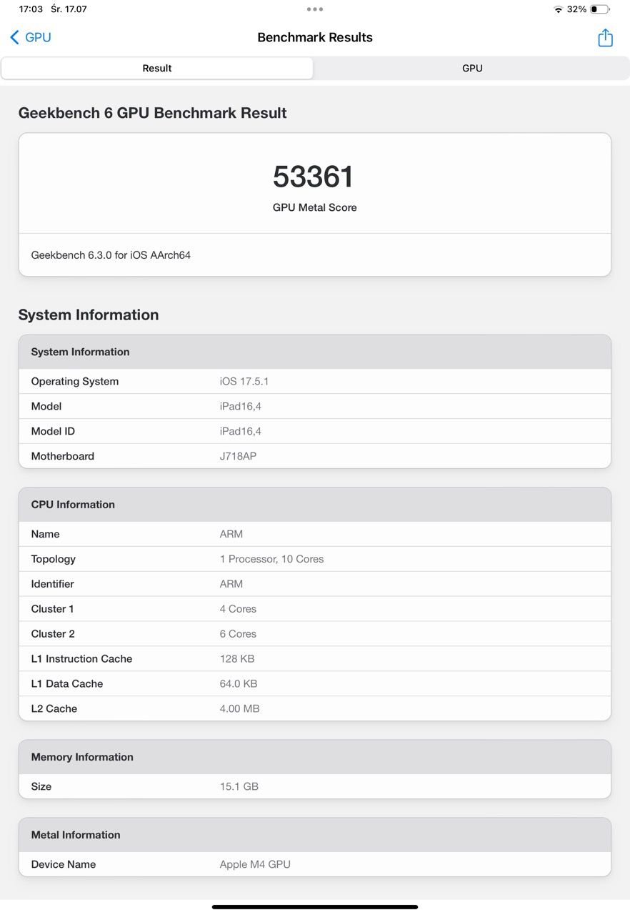 Geekbench 6 iPad Pro M4 metal