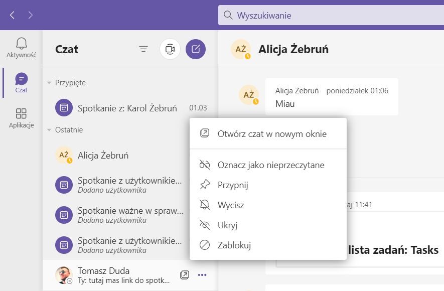 Microsoft Teams - blokuj osobę