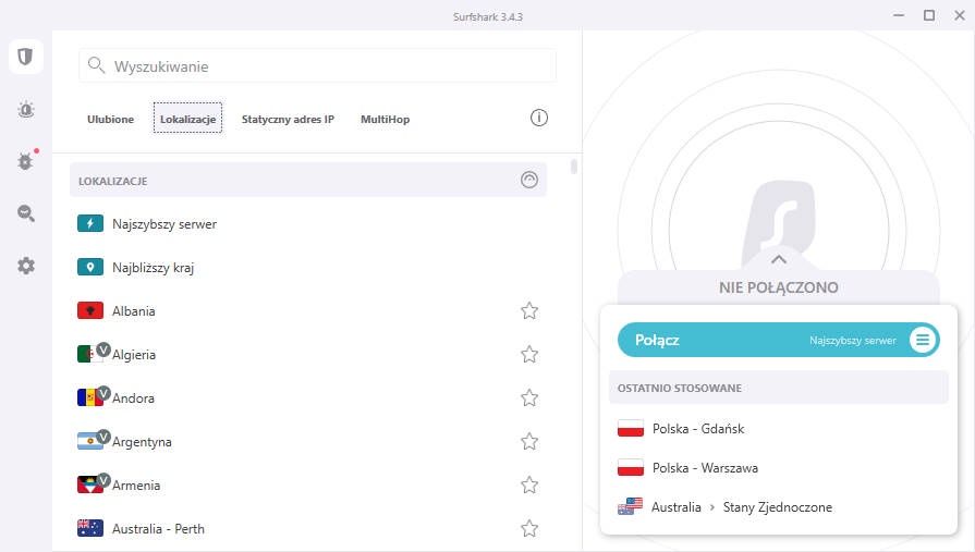Surfshark VPN - wybór serwera