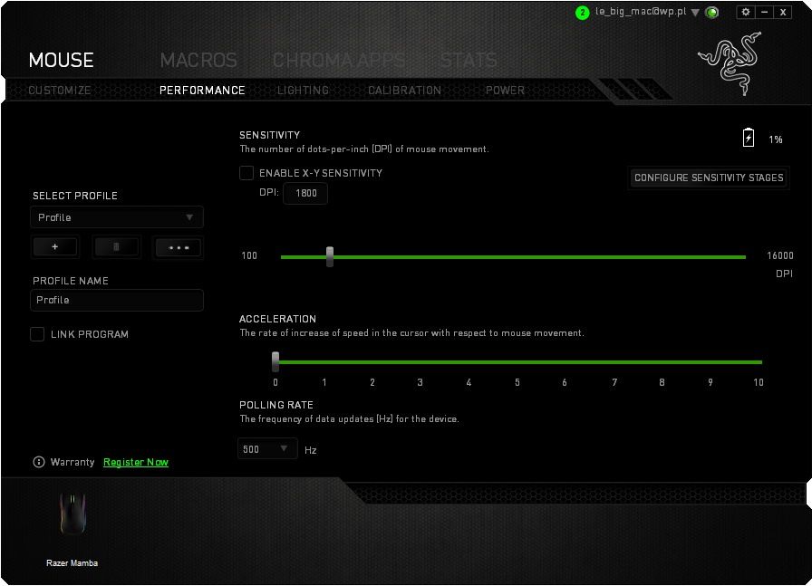 Razer Mamba Chroma - ustawienia czułości i rozdzielczości