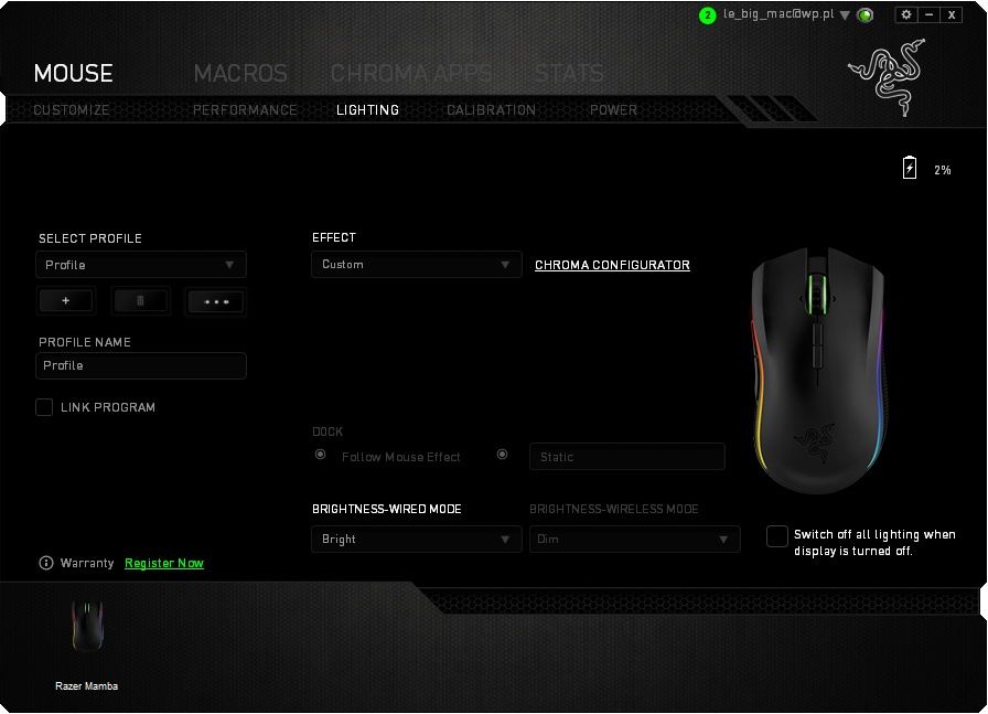 Razer Mamba Chroma - wybór efektu podświetlenia