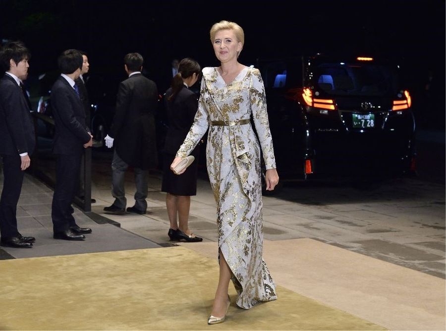 Agata Duda w sukience wieczorowej.