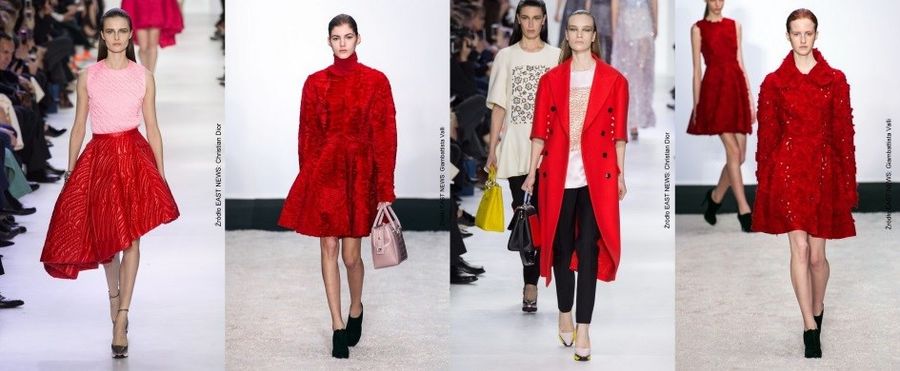 <p>Na światowych wybiegach możemy zobaczyć czerwone płaszcze, poncza, sukienki i spódnice oraz wysokie kozaki. Giorgio Armani postawił na czerwień od stóp do głów. Giambattista Valli zaprezentował kaszmirowe, mięsiste płaszcze, długie, jedwabne suknie oraz czerwone detale. Christian Dior powrócił do asymetrycznych krojów i klasycznych, dwurzędowych płaszczy.</p>