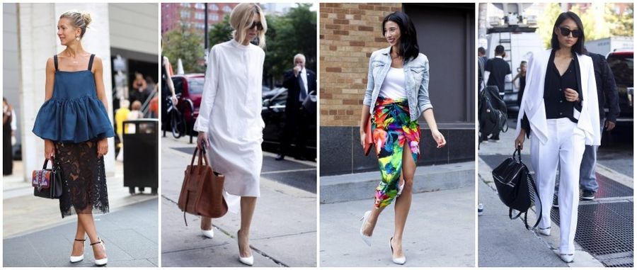 Fashionistki w wiosennych stylizacjach z modnym dodatkiem, którym są białe szpilki czółenka.