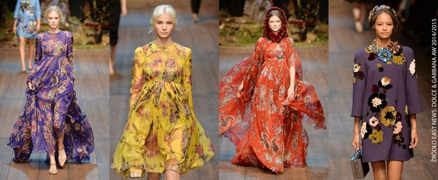 <p>Jesień i zima 2014/2014 to sezon w którym nosimy kwiatowe motywy. Ten romantyczny trend pojawił się na pokazie Valentino w połyskującym wydaniu. Żakardowa, mięsista tkanina, transparentny tiul z naszytymi aplikacjami, to najmocniejsza tendencja tego pokazu. Ciekawe, kwiatowe połączenie zaproponował Giambattista Valli, który zestawił pudrowy róż z czerwienia i grafitową szarością</p>