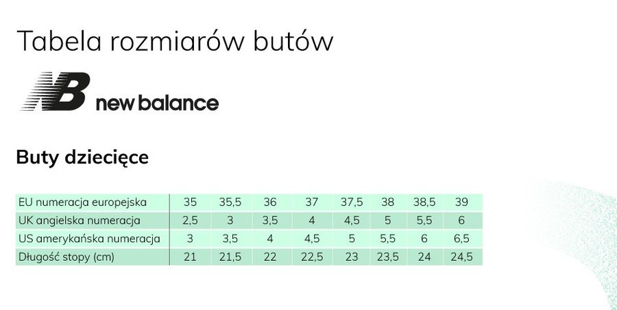 Tabela rozmiarów butów dziecięce New Balance.