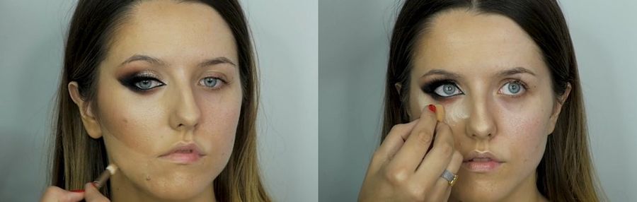 Konturowanie twarzy podkładem na linii kości policzkowych i pod okiem.