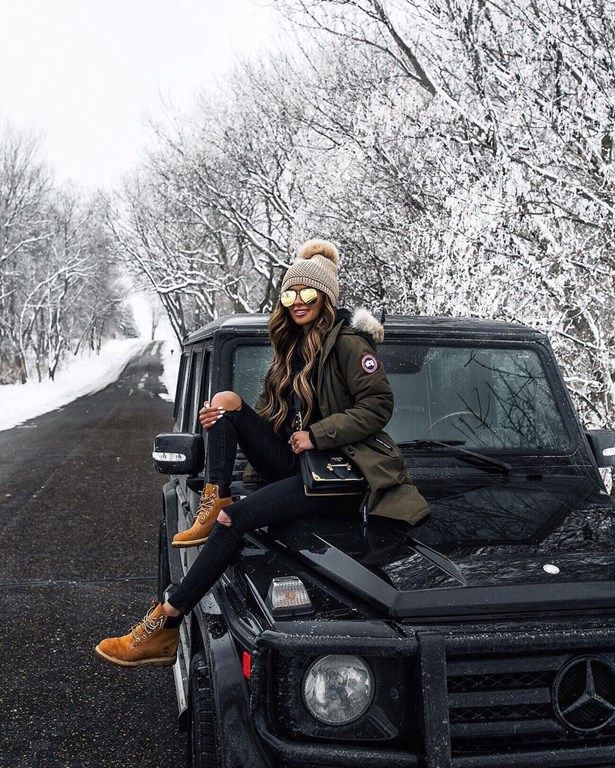 Timberlandy damskie i płaszcz zimowy to duet idealny
