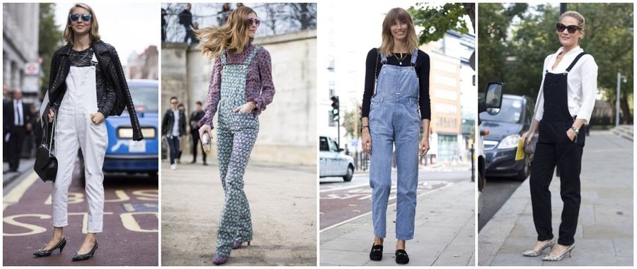 Fashionistki w stylizacjach codziennych bazujących na jeansowych ogrodniczkach.