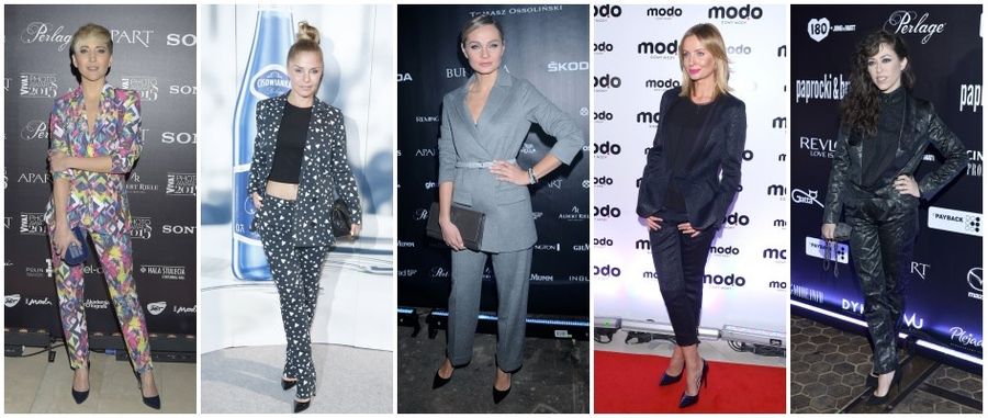 Małgorzata Steczkowska, Ewa Szabatin, Małgorzata Socha, Agnieszka Szulim i Natalia Kukulska w damskich garniturach.