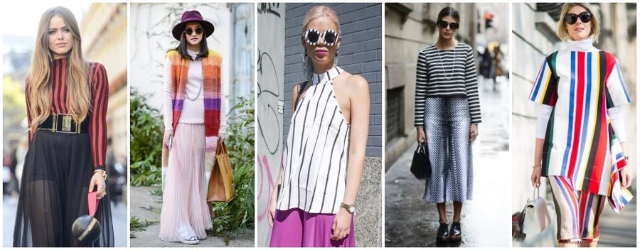 Młode kobiety w wiosennych stylizacjach w paski: crop top, kamizelka, tunika i bluzka.
