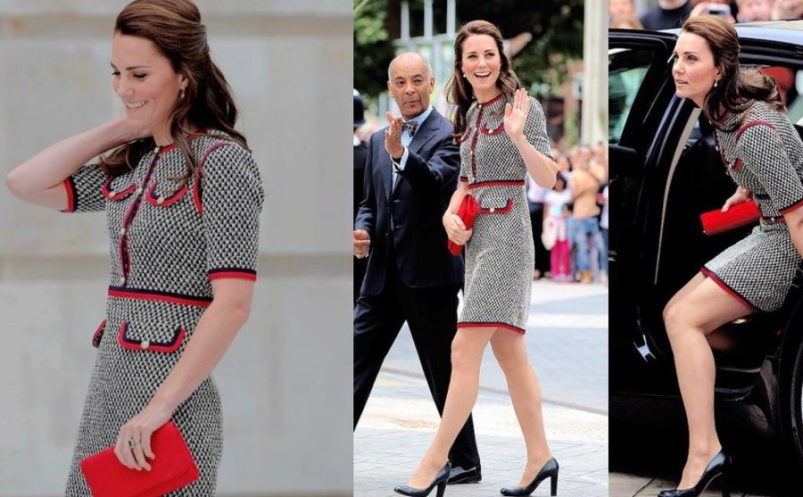 kate middleton w szaro-czerwonej sukience