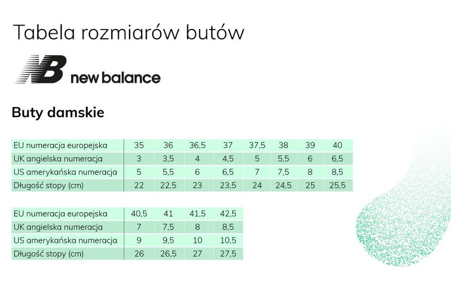Tabela rozmiarów butów damskich New Balance.