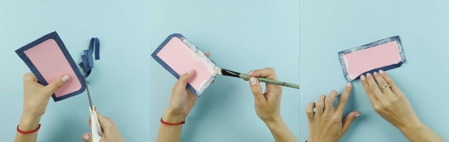 Etui na telefon DIY - zawijanie i przyklejanie krawędzi materiału.