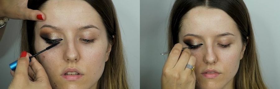 Nałożenie czarnej maskary na rzęsy i doklejenie sztucznych rzęs.