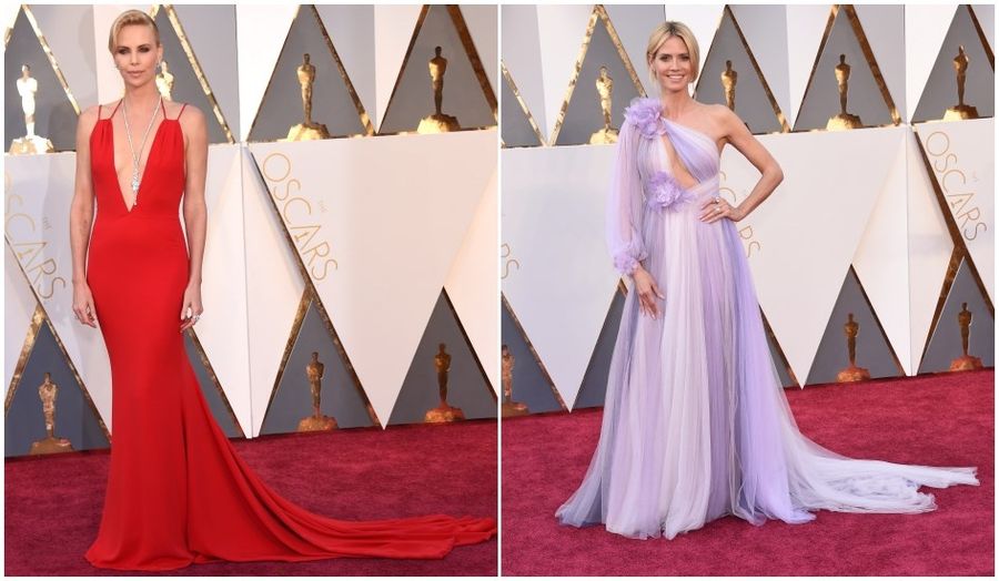 Charlize Theron w czerwonej sukni maxi i Heidi Klum w lawendowej kreacji na gali rozdania Oscarów 2016.