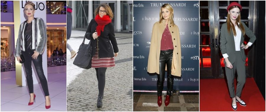 Czerwone dodatki (szpilki, szalik i kapelusz) w stylizacjach gwiazd: Magdalena Steczkowska, Aneta Kręglicka, Kasia Burzyńska