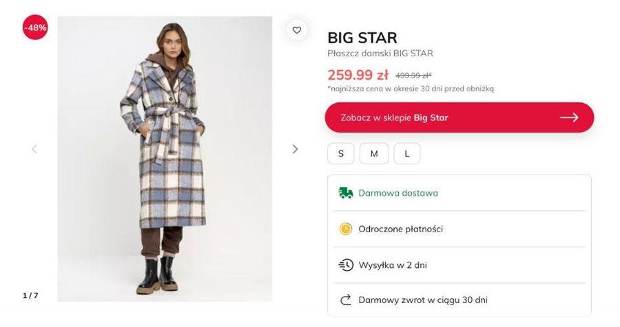 Pastelowy płaszcz Big Star na wyprzedaży.